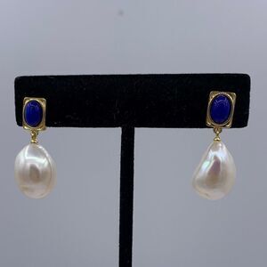 Earrings, solid 925 sterling silver, lapis lazuli, real baroque pearl, vermeil